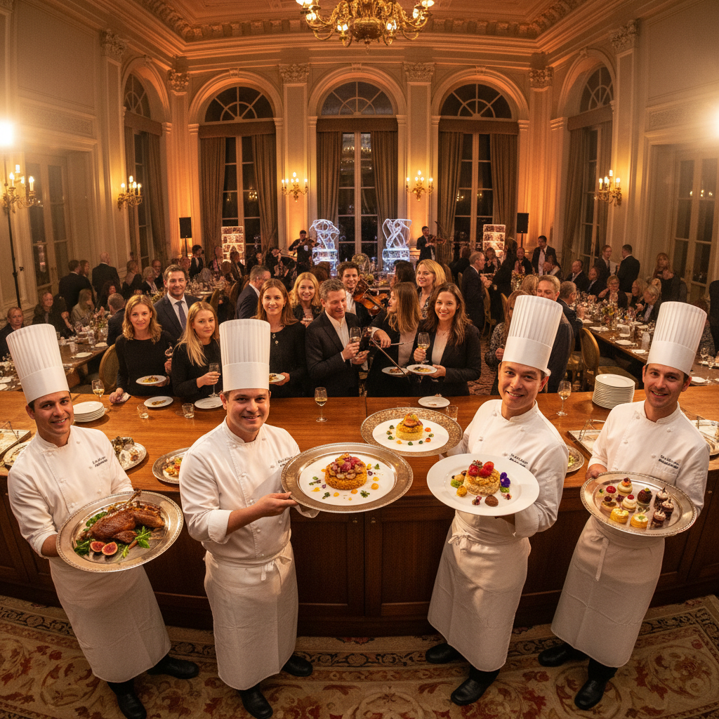 Elegant buffet spread with colorful gourmet dishes on white plates at upscale restaurant