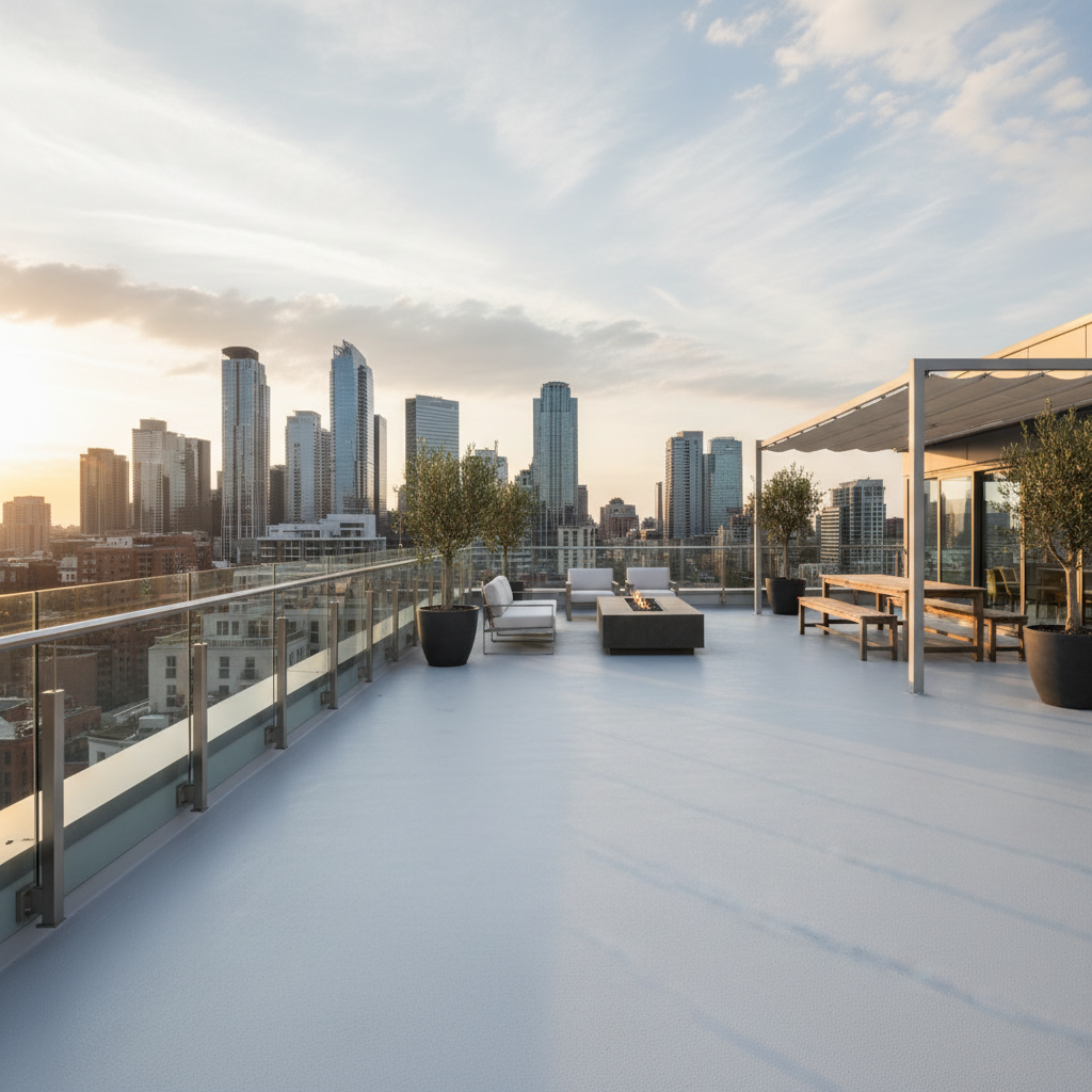 Rooftop terrace with string lights and comfortable seating overlooking city skyline